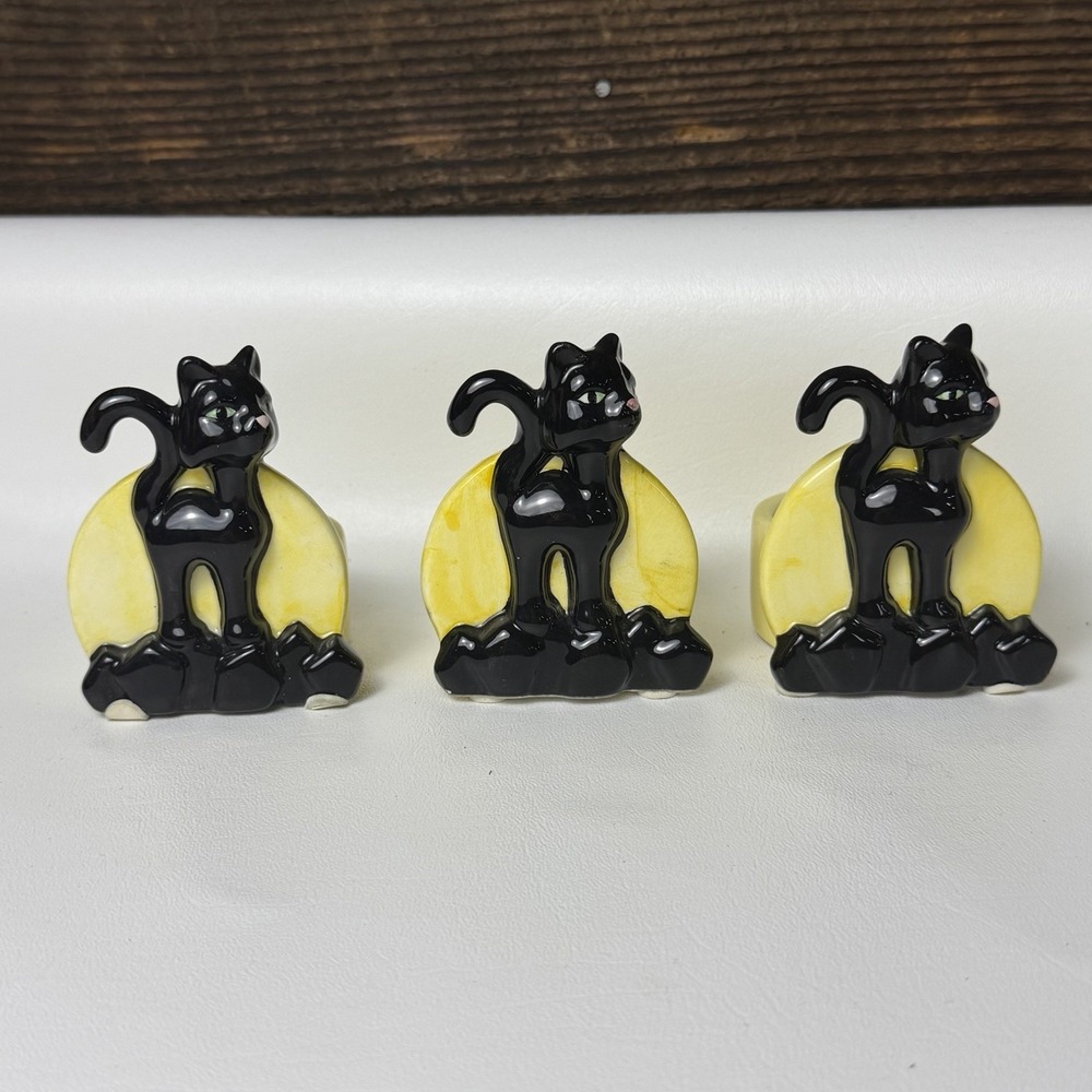 Black KITTY Cat Yellow Moon Tea Light Holder Halloween Pink Nose Set Of 3